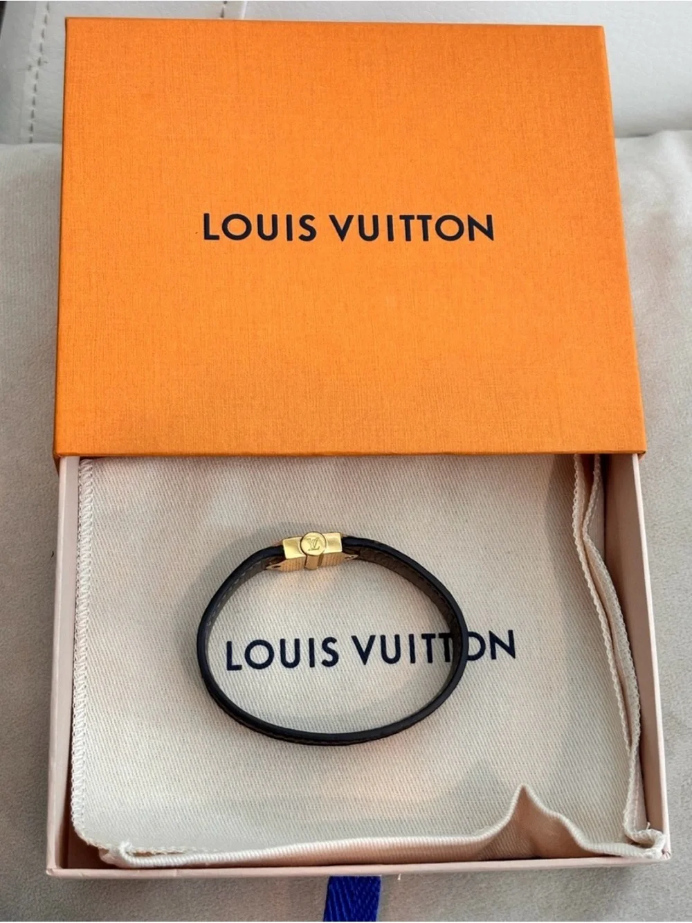 Louis Vuitton Nano Monogram Leather Bracelet with Gold Clasp